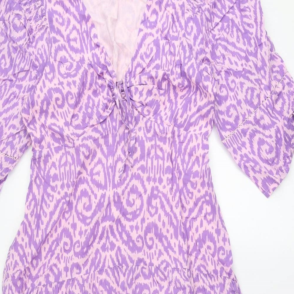 Oliver Bonas Womens Purple Geometric Cotton A-Line Size 8 V-Neck Tie
