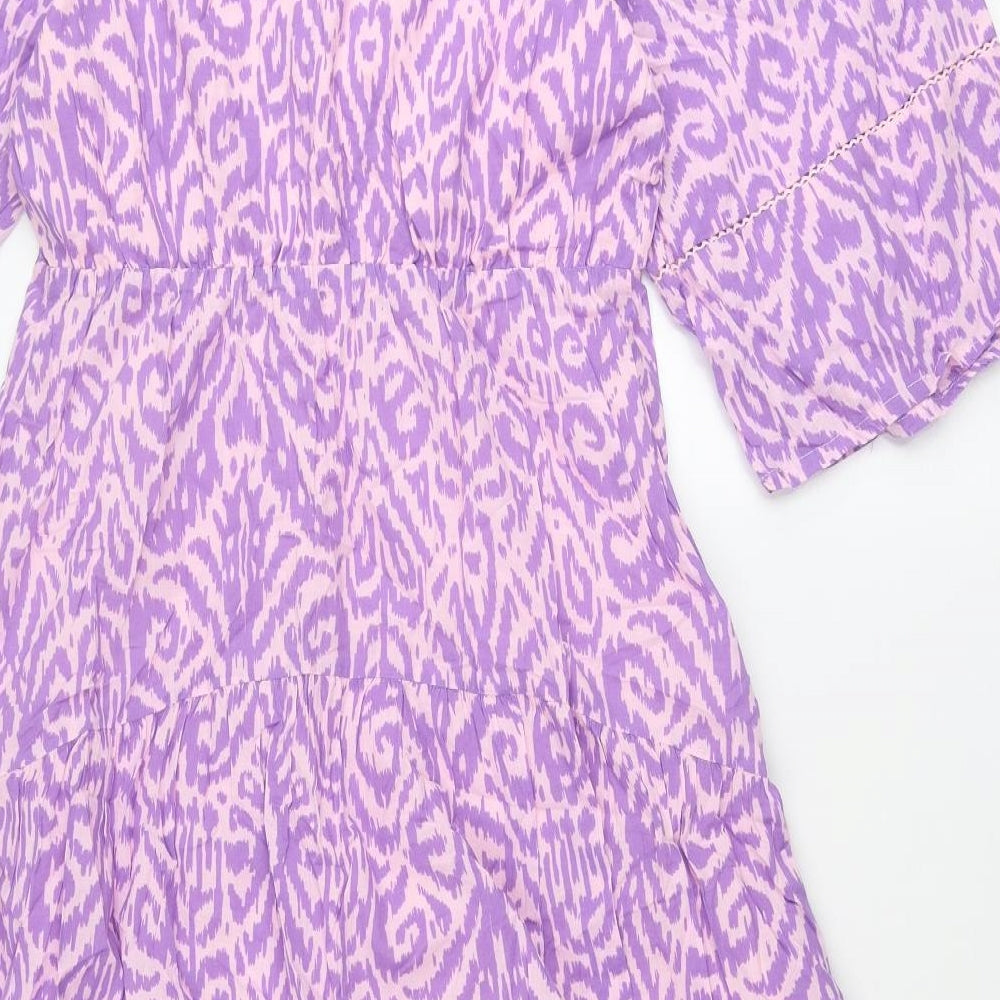Oliver Bonas Womens Purple Geometric Cotton A-Line Size 8 V-Neck Tie