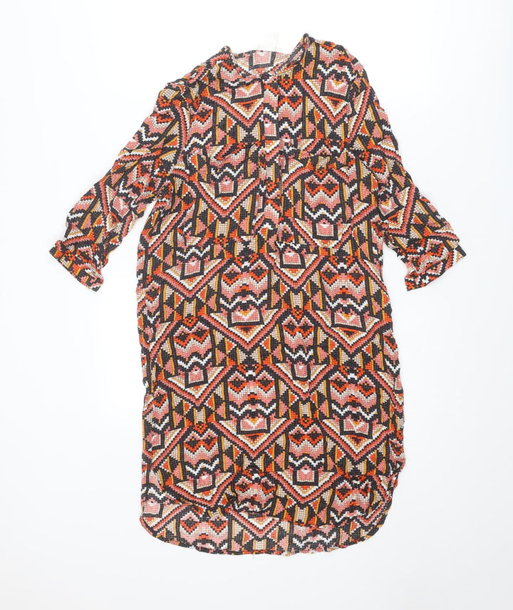 H&M Womens Multicoloured Geometric Viscose A-Line Size 8 Round Neck Button