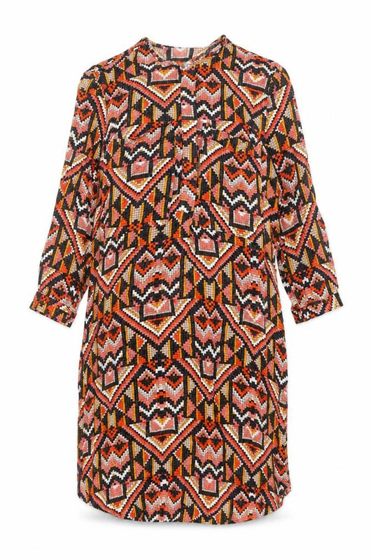 Front view of H&M women’s multicoloured geometric viscose a-line, size UK 8, round neck button