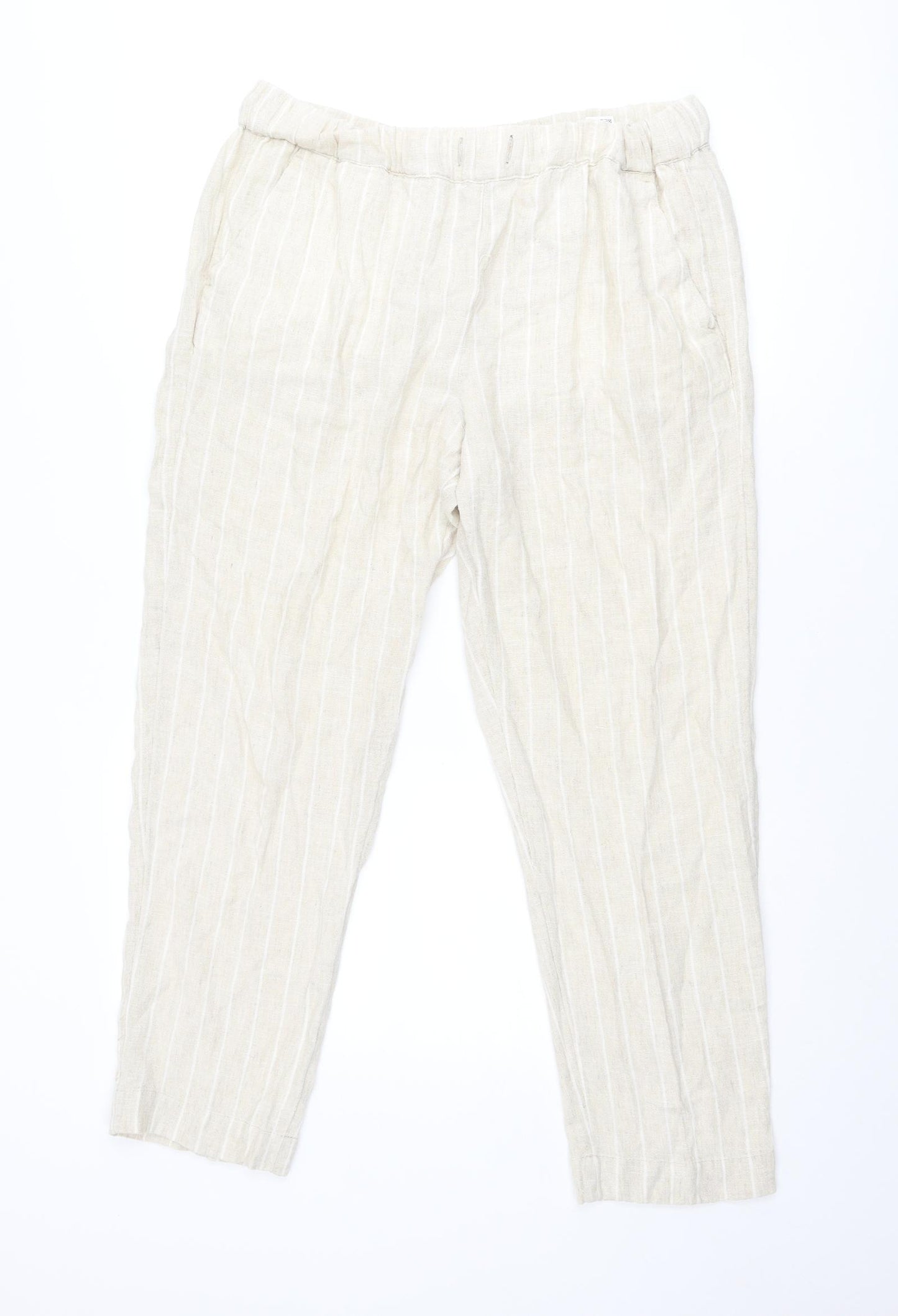 Marks and Spencer Womens Beige Striped Linen Carrot Trousers Size 14 Regular