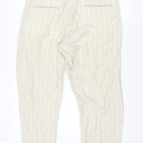 Marks and Spencer Womens Beige Striped Linen Carrot Trousers Size 14 Regular