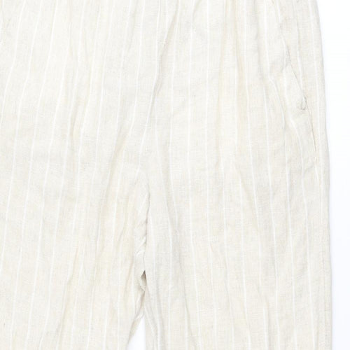 Marks and Spencer Womens Beige Striped Linen Carrot Trousers Size 14 Regular