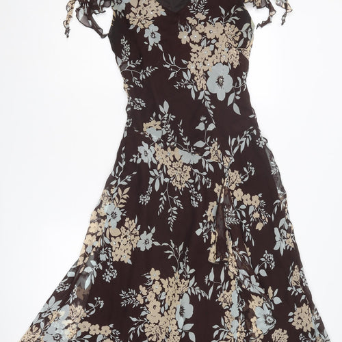 Country Casuals Womens Brown Floral Silk Trapeze & Swing Size 8 V-Neck Pullover