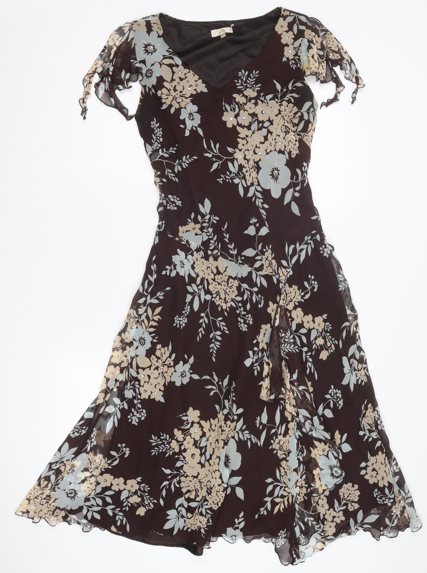 Country Casuals Womens Brown Floral Silk Trapeze & Swing Size 8 V-Neck Pullover