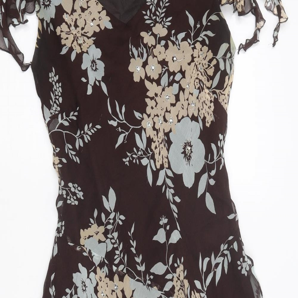 Country Casuals Womens Brown Floral Silk Trapeze & Swing Size 8 V-Neck Pullover