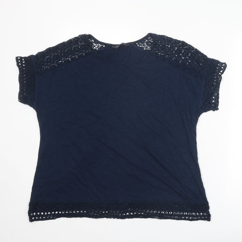 Marks and Spencer Womens Blue Cotton Basic T-Shirt Size 18 Round Neck - Crochet Detail