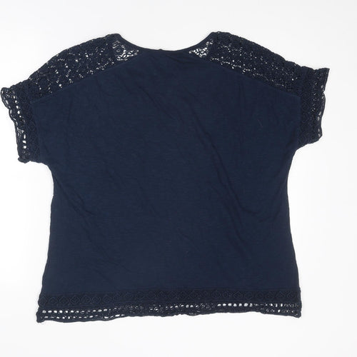 Marks and Spencer Womens Blue Cotton Basic T-Shirt Size 18 Round Neck - Crochet Detail