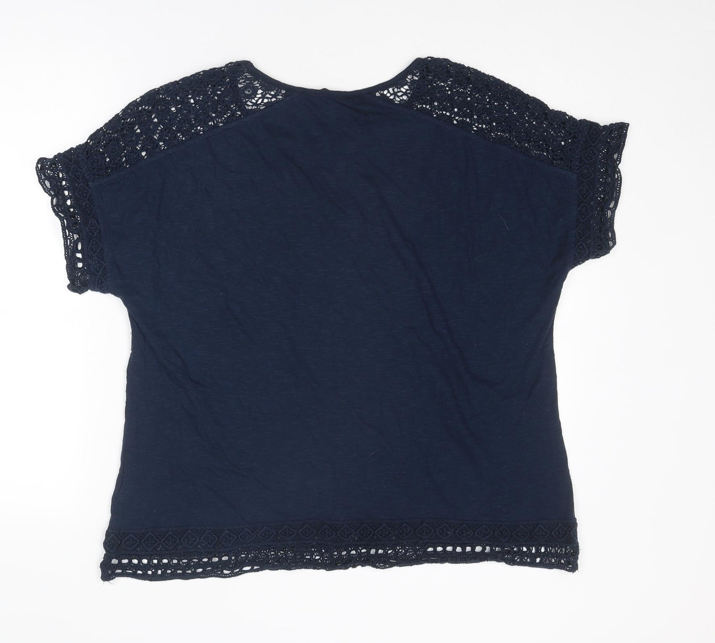Marks and Spencer Womens Blue Cotton Basic T-Shirt Size 18 Round Neck - Crochet Detail