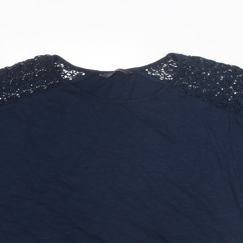 Marks and Spencer Womens Blue Cotton Basic T-Shirt Size 18 Round Neck - Crochet Detail