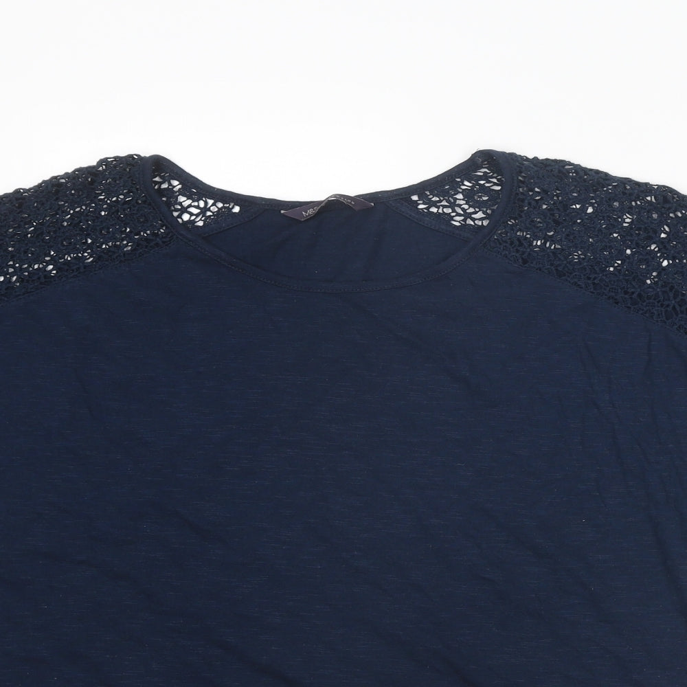 Marks and Spencer Womens Blue Cotton Basic T-Shirt Size 18 Round Neck - Crochet Detail