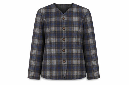 Front view of Karelia women’s multicoloured plaid jacket, size UK 12, button