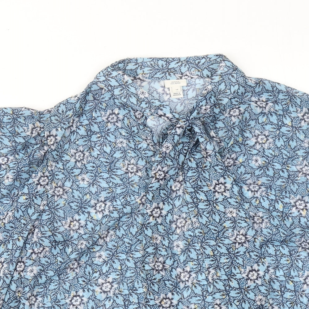 River Island Womens Blue Geometric Polyester Basic Blouse Size 14 Collared
