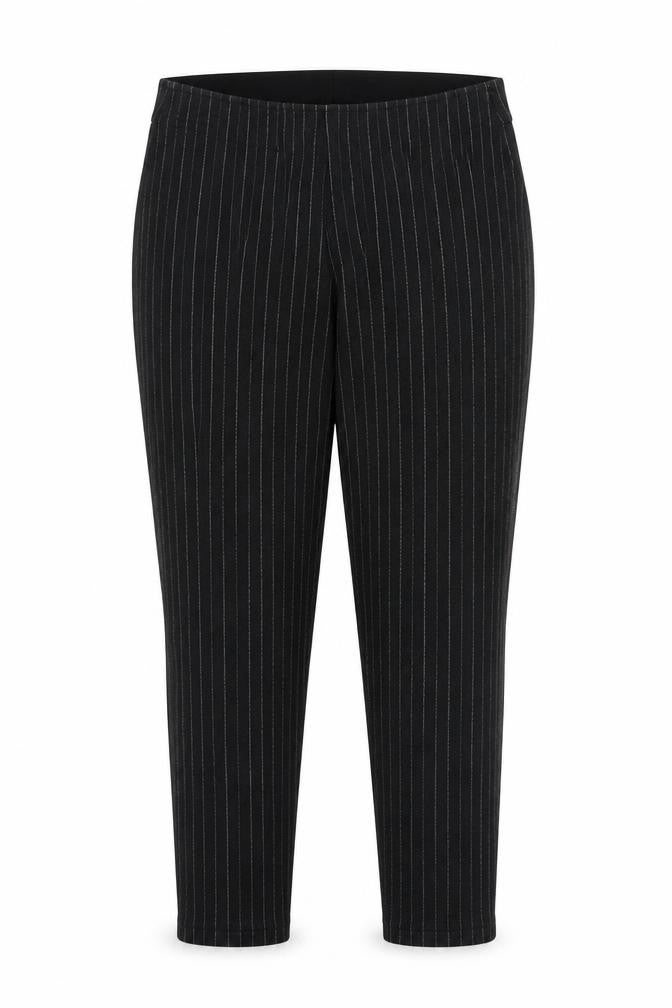 Front view of Marks & Spencer women’s grey striped viscose carrot trousers, size S, regular zip
