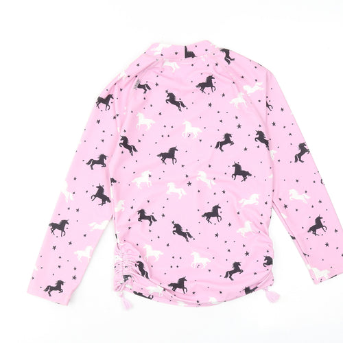 NEXT Girls Pink Geometric Polyester Basic T-Shirt Size 8 Years Mock Neck Pullover - Unicorn Rash Guard