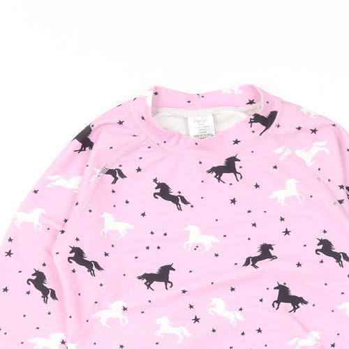 NEXT Girls Pink Geometric Polyester Basic T-Shirt Size 8 Years Mock Neck Pullover - Unicorn Rash Guard