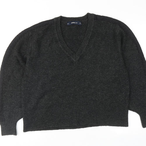 Zara Womens Grey V-Neck Acrylic Pullover Jumper Size S