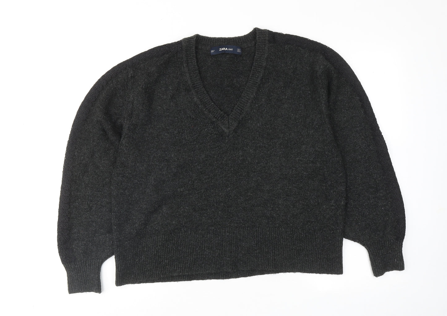 Zara Womens Grey V-Neck Acrylic Pullover Jumper Size S