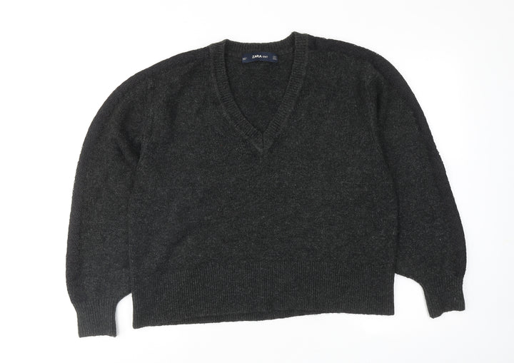 Zara Womens Grey V-Neck Acrylic Pullover Jumper Size S