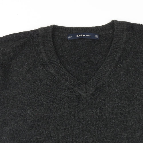 Zara Womens Grey V-Neck Acrylic Pullover Jumper Size S