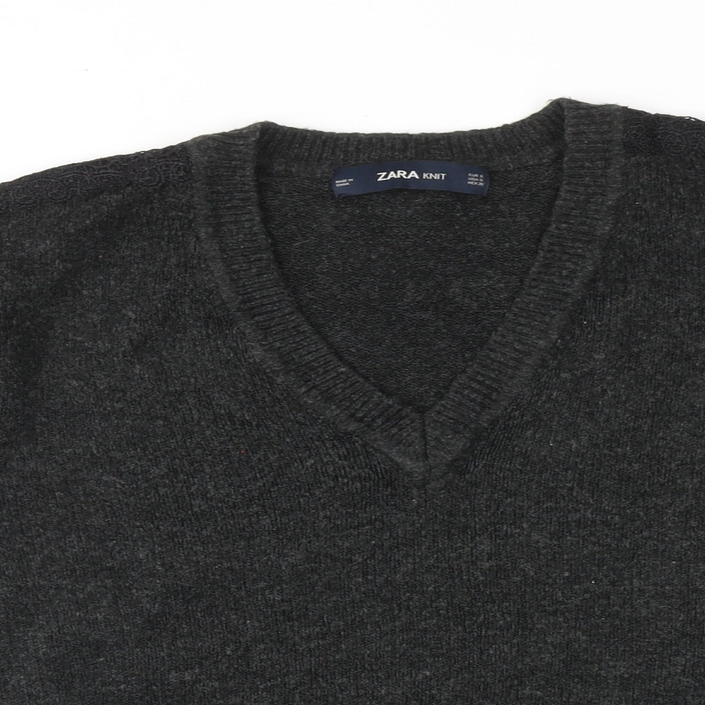 Zara Womens Grey V-Neck Acrylic Pullover Jumper Size S