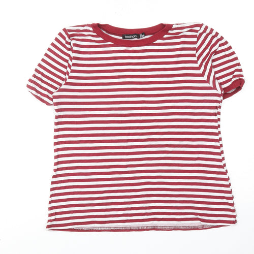 Boohoo Womens Red Striped Viscose Basic T-Shirt Size 10 Round Neck