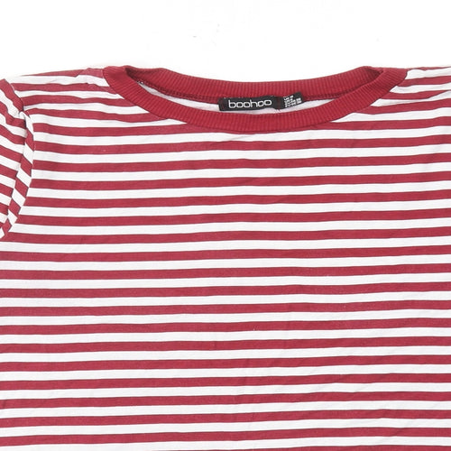 Boohoo Womens Red Striped Viscose Basic T-Shirt Size 10 Round Neck