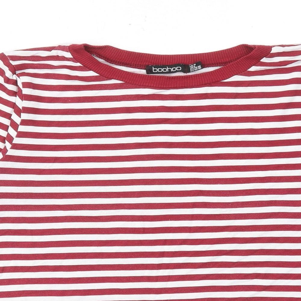 Boohoo Womens Red Striped Viscose Basic T-Shirt Size 10 Round Neck