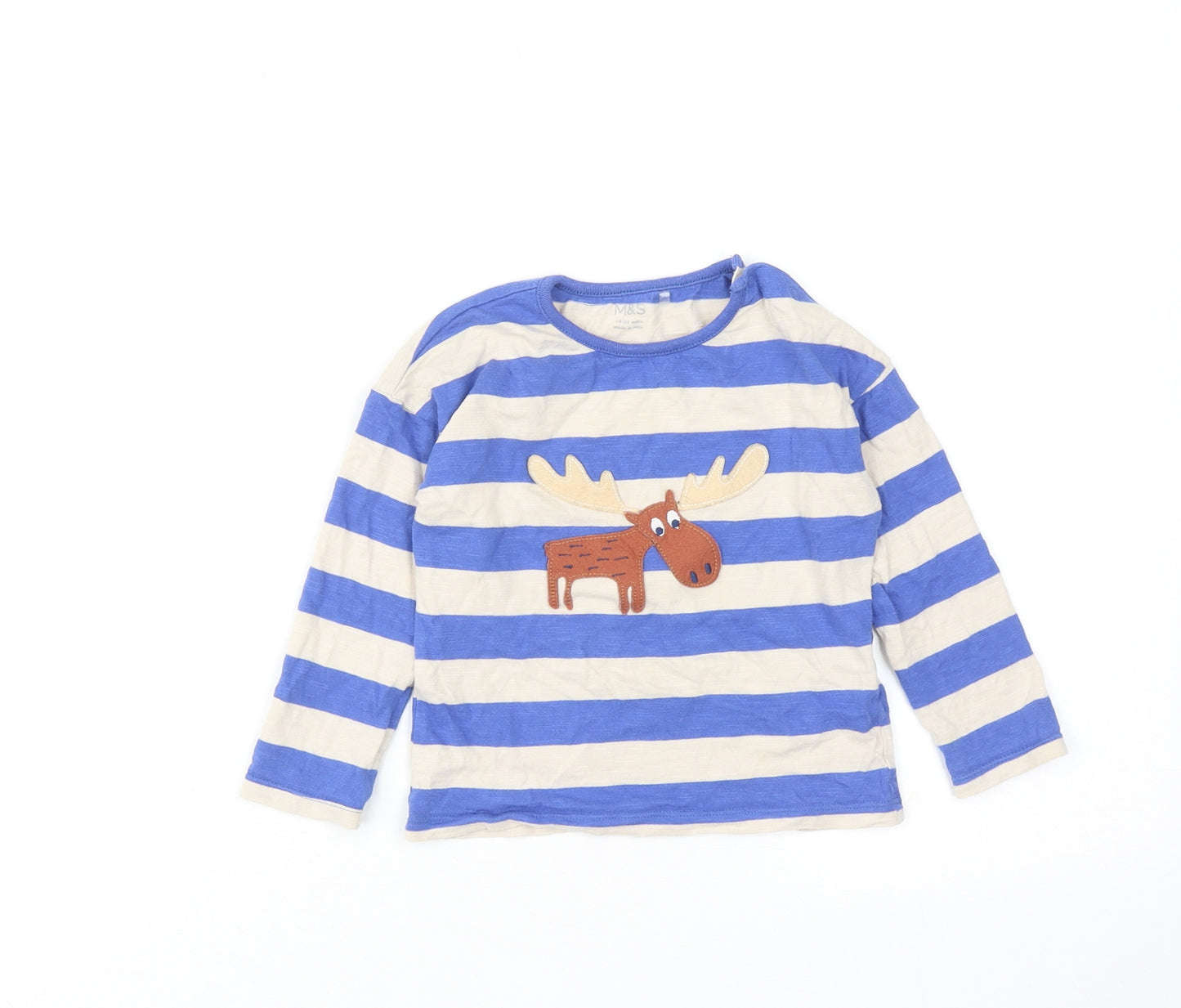 Marks and Spencer Boys Blue Striped Cotton Basic T-Shirt Size 18-24 Months Round Neck Button - Moose
