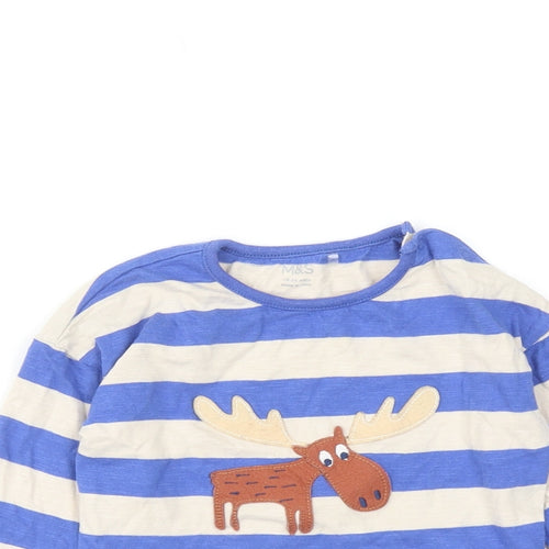 Marks and Spencer Boys Blue Striped Cotton Basic T-Shirt Size 18-24 Months Round Neck Button - Moose