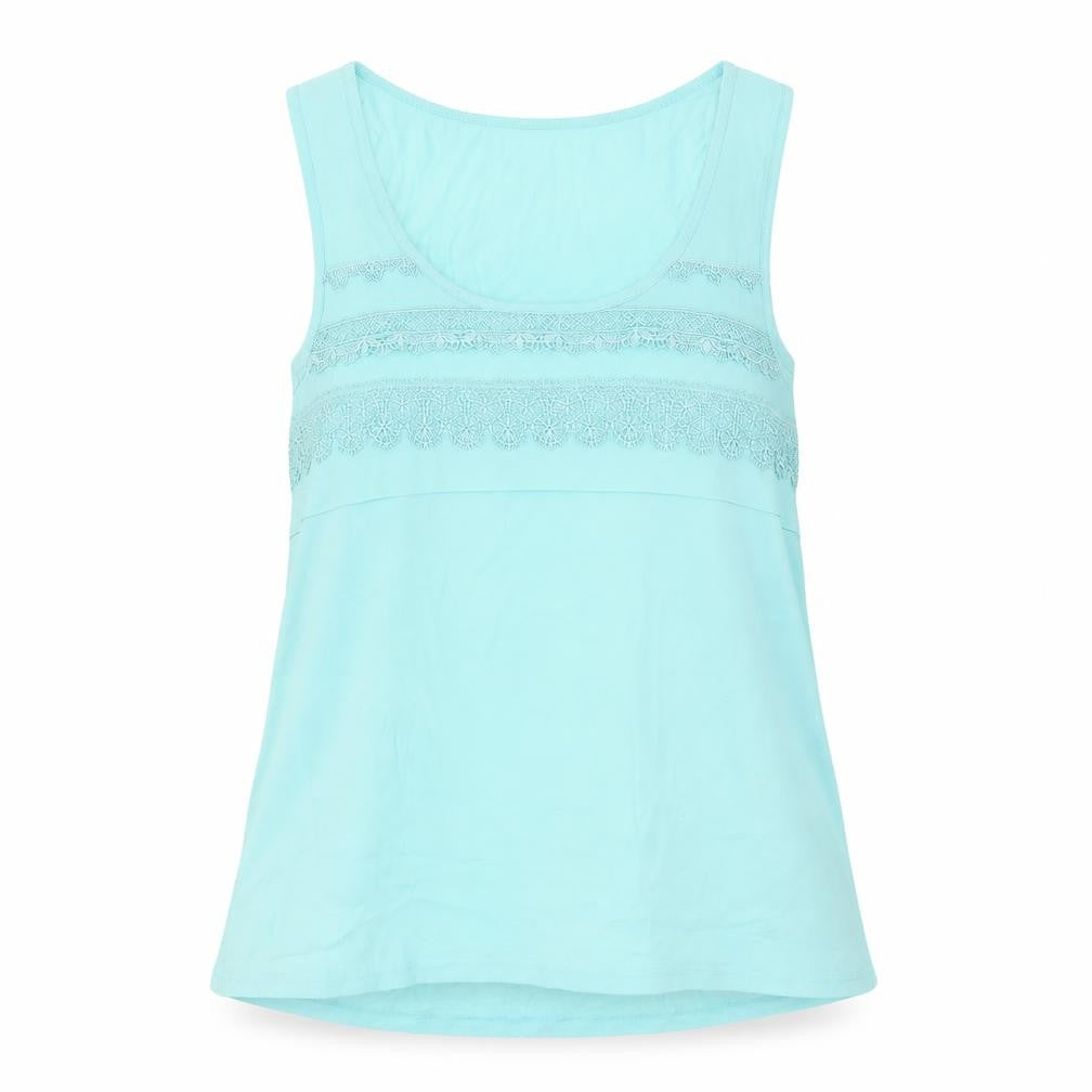 Front view of Warehouse women’s blue polyester basic tank, size UK 12, scoop neck - crocheted lace detail