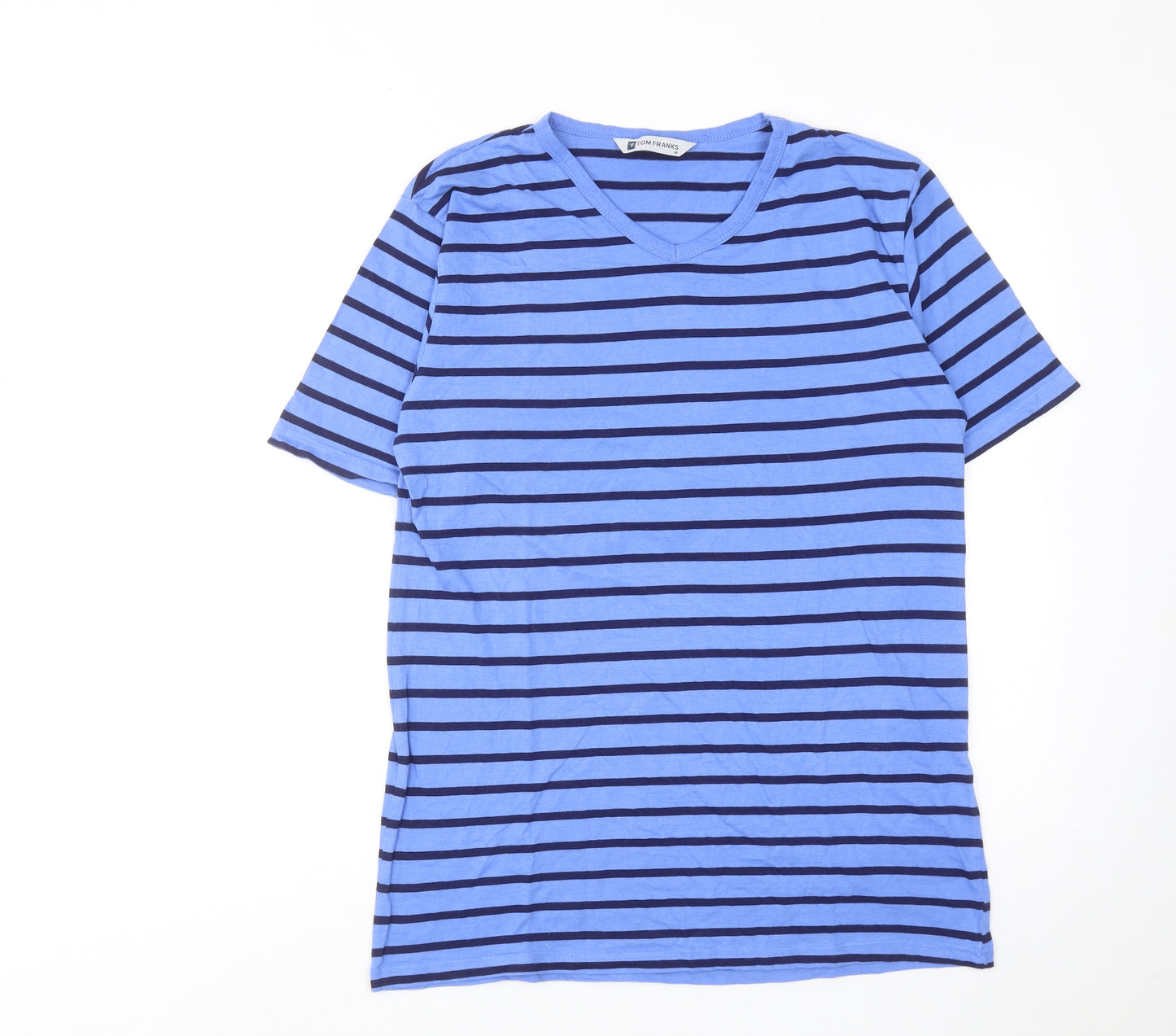 Tom Franks Mens Blue Striped Cotton T-Shirt Size M V-Neck