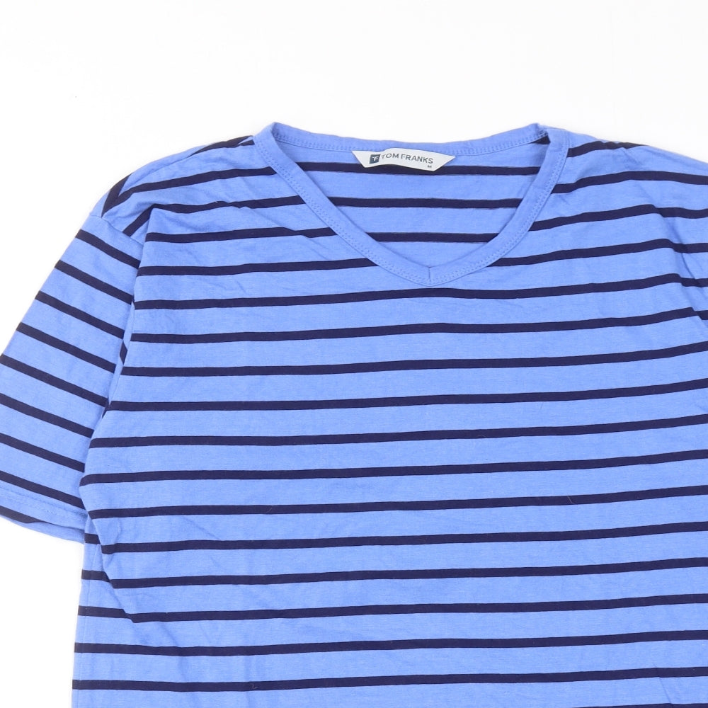 Tom Franks Mens Blue Striped Cotton T-Shirt Size M V-Neck