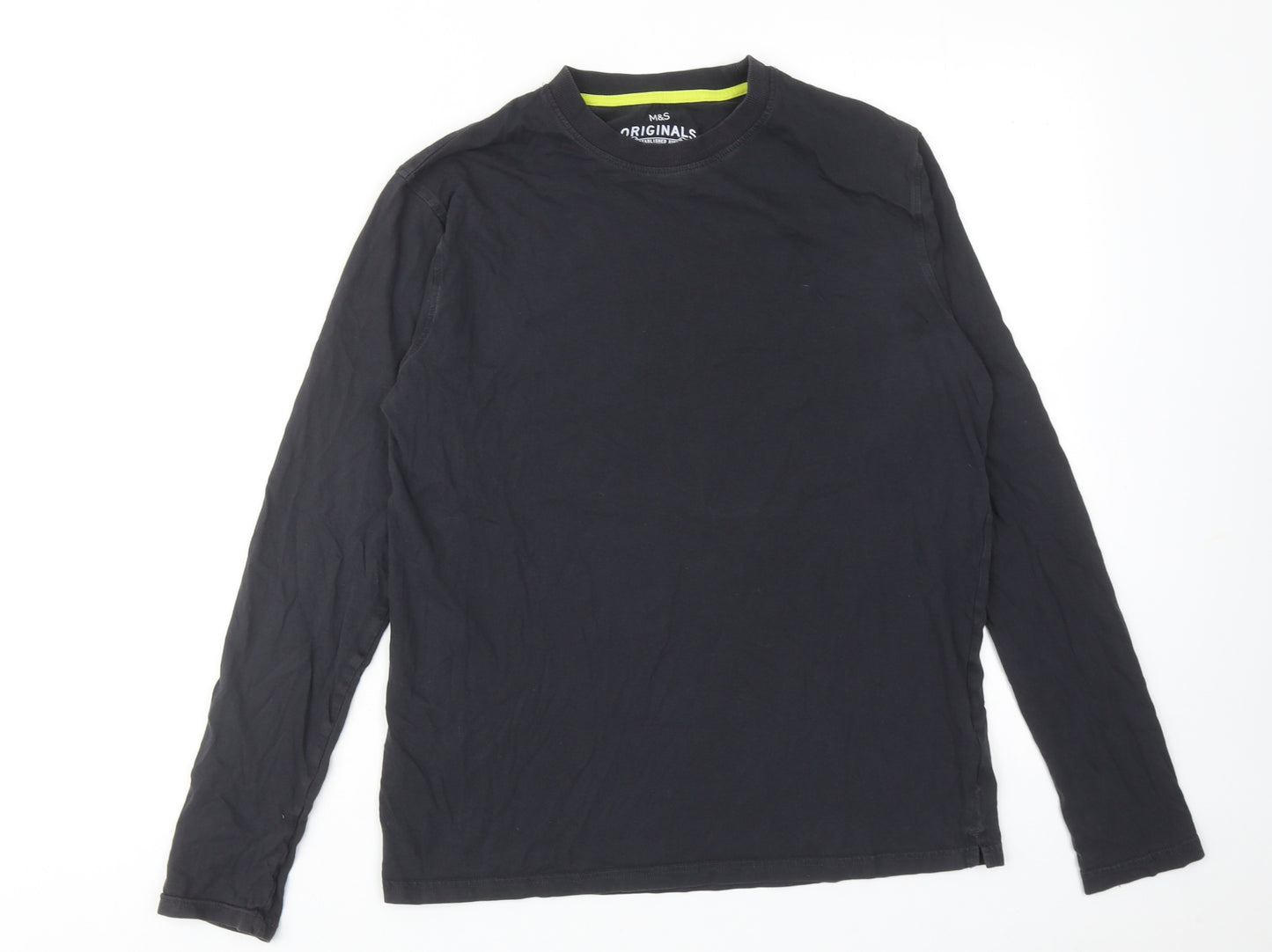 Marks and Spencer Boys Black Cotton Basic T-Shirt Size 15-16 Years Round Neck Pullover