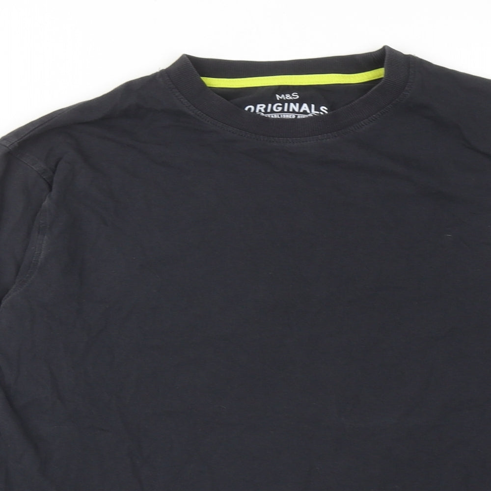 Marks and Spencer Boys Black Cotton Basic T-Shirt Size 15-16 Years Round Neck Pullover