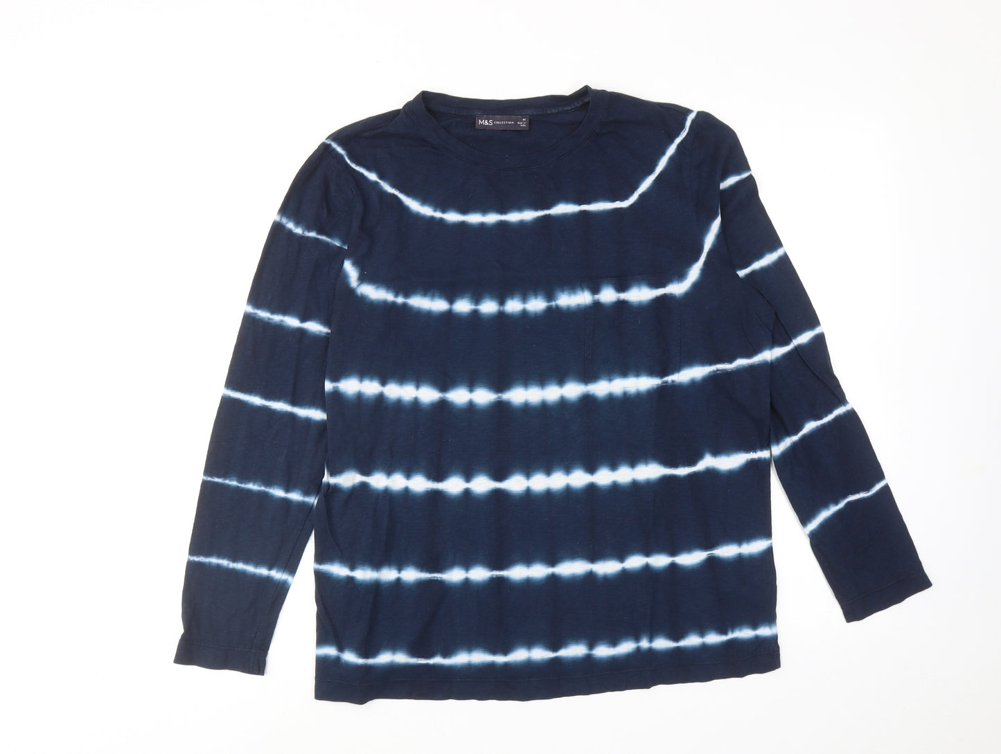 Marks and Spencer Womens Blue Striped Cotton Basic T-Shirt Size 14 Crew Neck