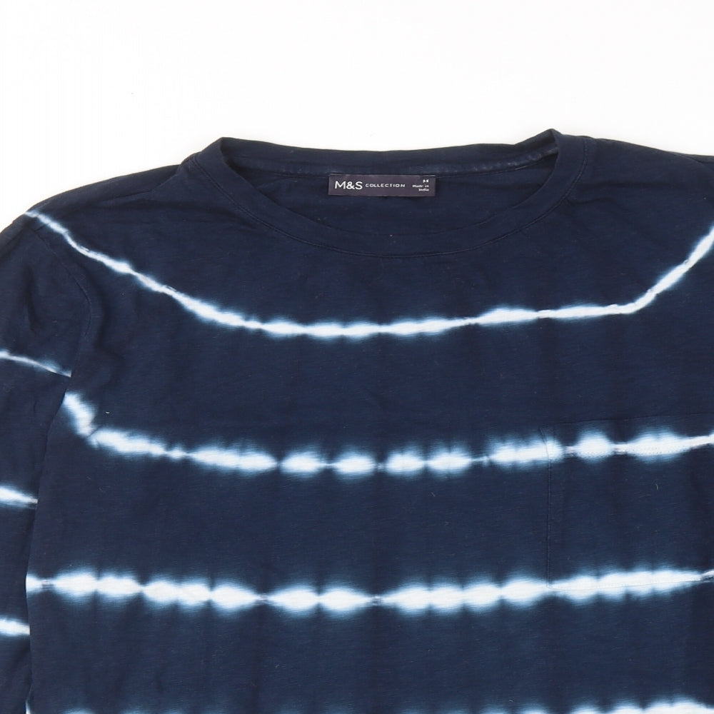 Marks and Spencer Womens Blue Striped Cotton Basic T-Shirt Size 14 Crew Neck