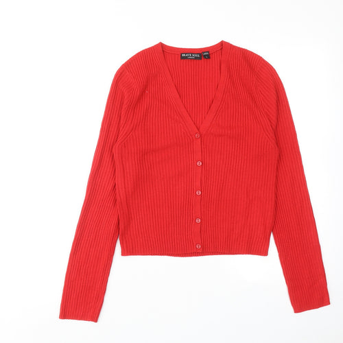 Brave Soul Womens Red V-Neck Acrylic Cardigan Jumper Size L