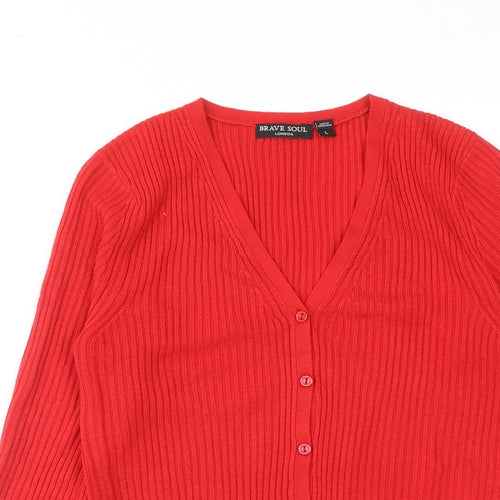 Brave Soul Womens Red V-Neck Acrylic Cardigan Jumper Size L