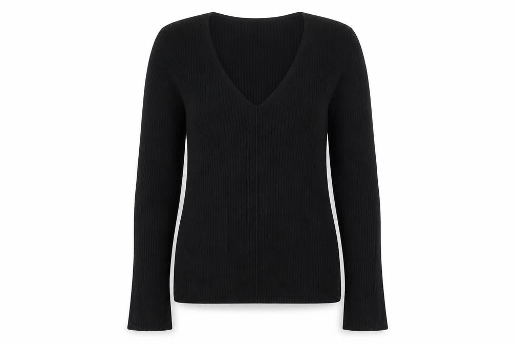 Front view of ASOS women’s black v-neck viscose jumper, size UK 12