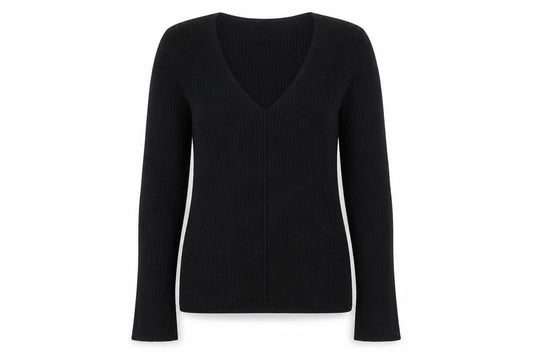 Front view of ASOS women’s black v-neck viscose jumper, size UK 12