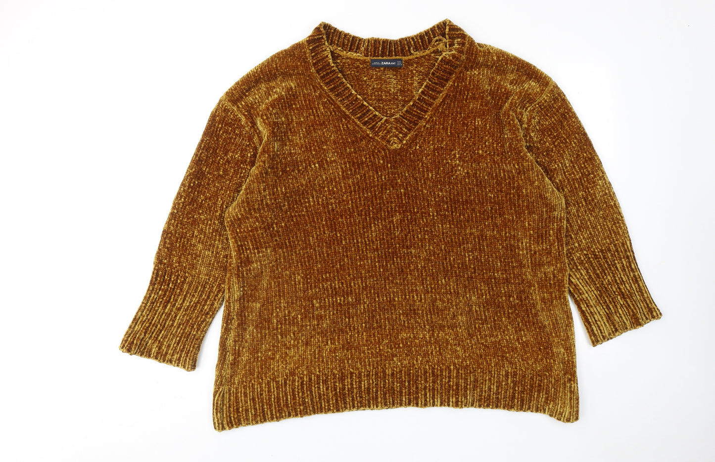 Zara Womens Yellow V-Neck Polyester Pullover Jumper Size M