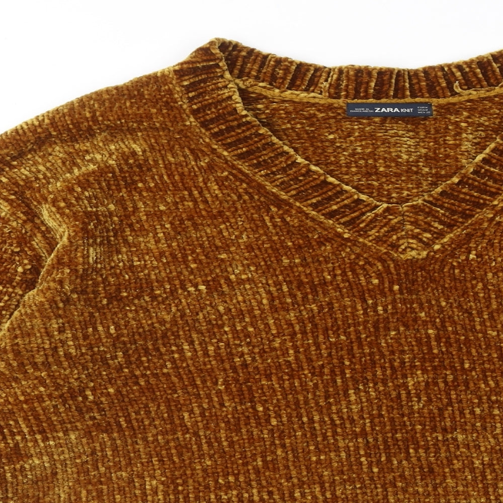 Zara Womens Yellow V-Neck Polyester Pullover Jumper Size M