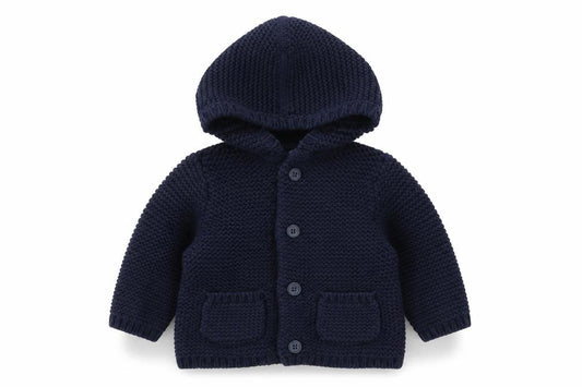 Front view of Gap boys’ blue cotton cardigan jumper, size 3-6, months button