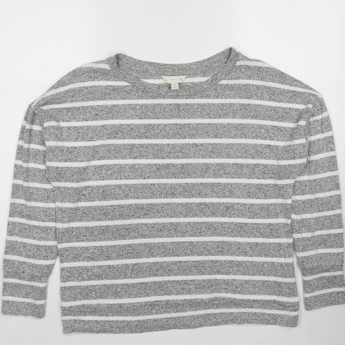 Marks and Spencer Womens Grey Round Neck Striped Viscose Pullover Jumper Size 14 Pullover