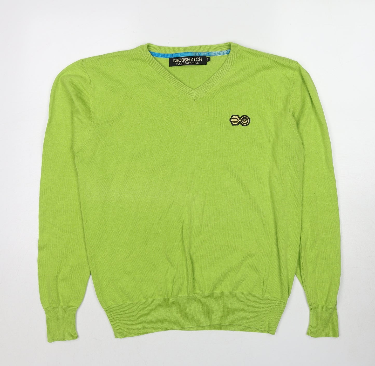 Crosshatch Mens Green V-Neck Cotton Pullover Jumper Size L Long Sleeve