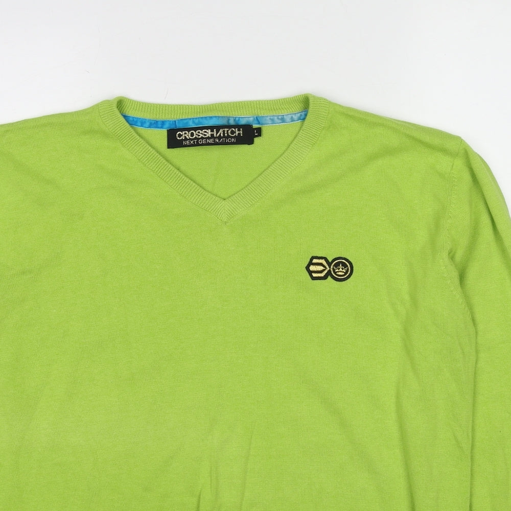 Crosshatch Mens Green V-Neck Cotton Pullover Jumper Size L Long Sleeve