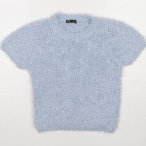 Zara Womens Blue Round Neck Nylon Pullover Jumper Size S