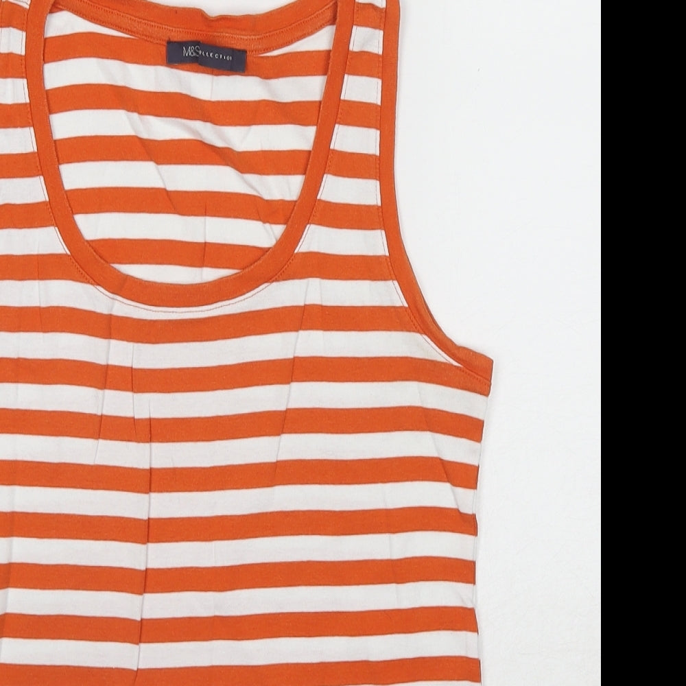Marks and Spencer Womens Orange Striped Cotton Basic Tank Size 14 Round Neck