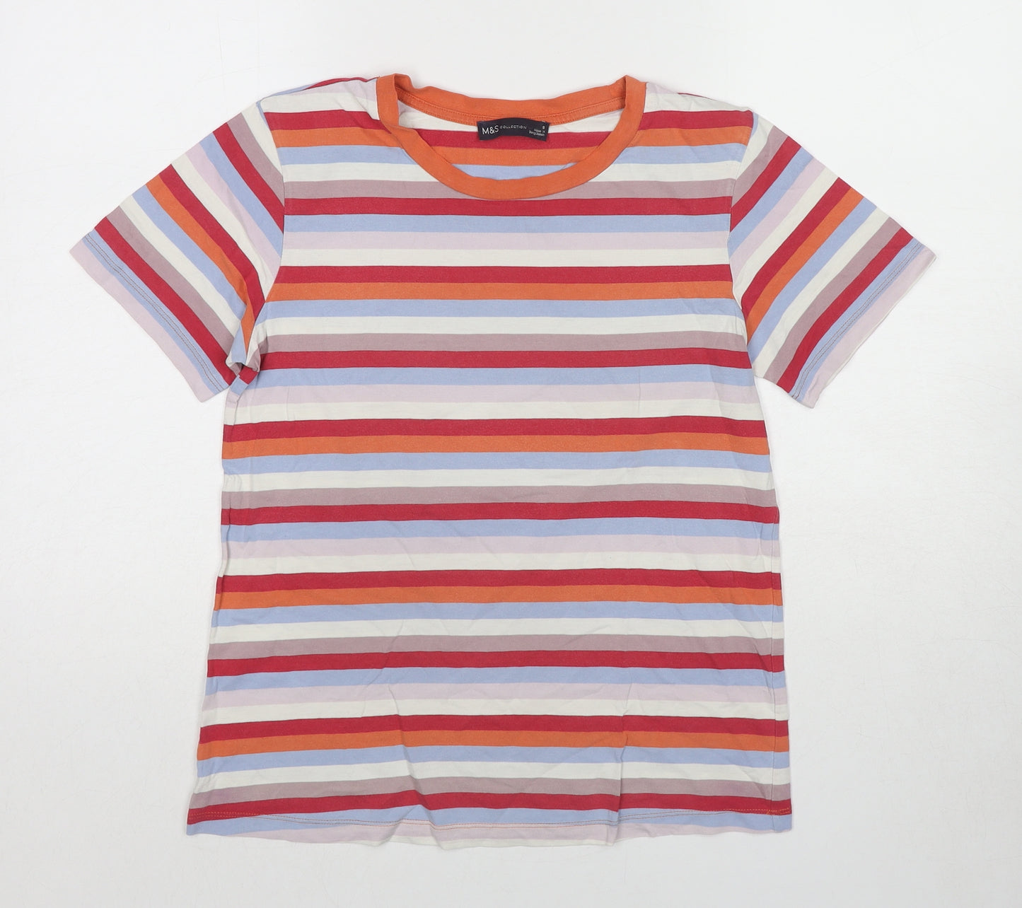 Marks and Spencer Womens Multicoloured Striped Cotton Basic T-Shirt Size 8 Round Neck